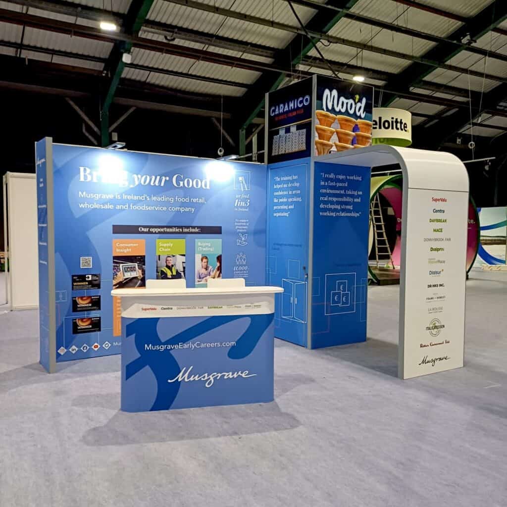 A modern exhibition stand indoors